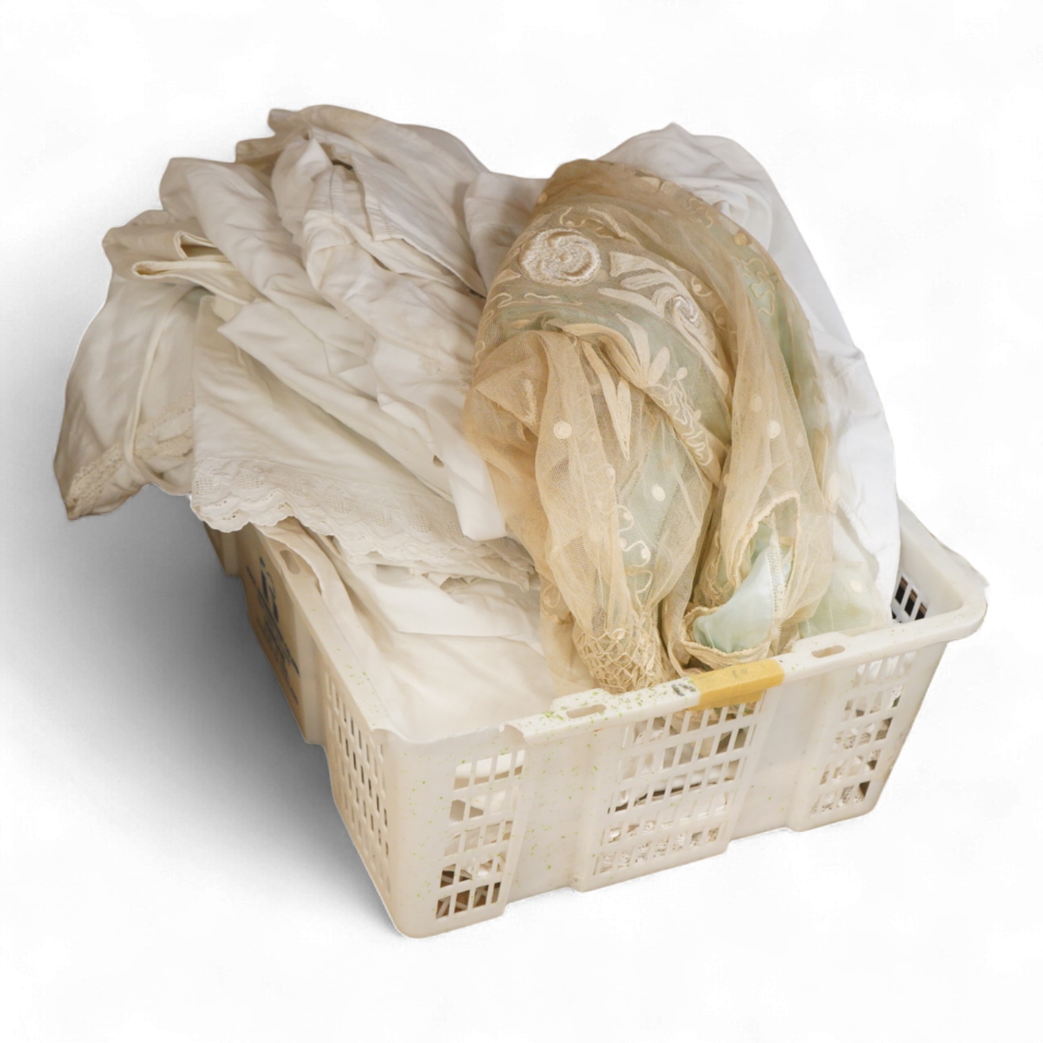 A collection of French mixed chemise and under garments and lace child’s dress